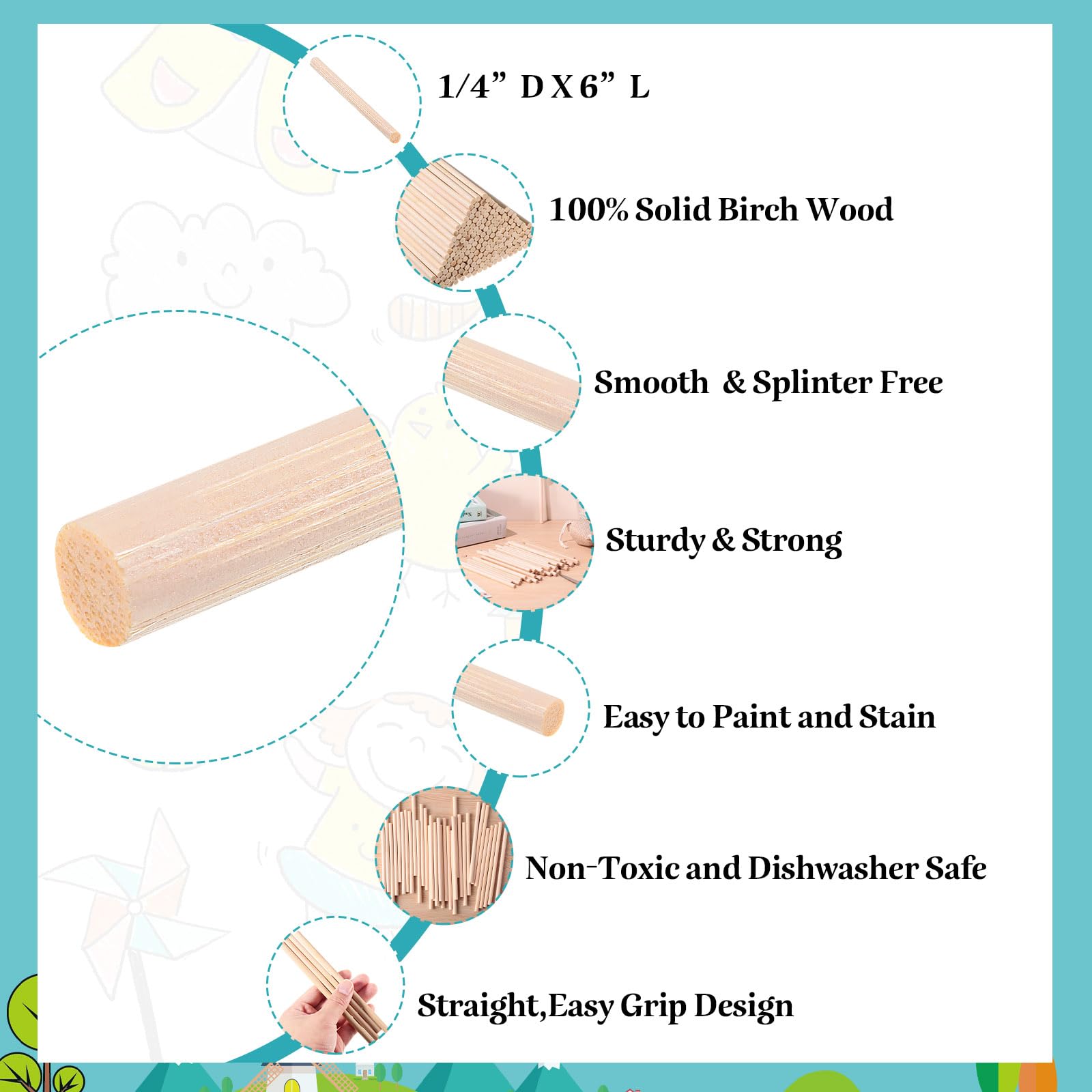 Geelin 600 Pcs Wooden Dowel Rods Bulk 1/4 x 6 Inch Round Wood Sticks for Crafts Wood Dowels DIY Wooden Rod Unfinished Hardwood Sticks Cake Dowels for Tiered Cakes Crafting Art Project Decorations