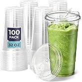 Fit Meal Prep 100 Pack 32 oz Clear Plastic Cups with Strawless Sip Lids, Disposable Plastic Coffee Cups with Lids, To Go Cups for Iced Coffee, Smoothies, Soda, Party Drinks, Bubble Tea, Cold Beverage