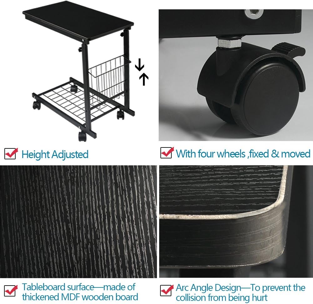 micoe Sofa Side Table with Wheels Couch Table That Slide Under with Storage Shelves C Style Height Adjustable for Home/Room/Office(Black): Kitchen & Dining