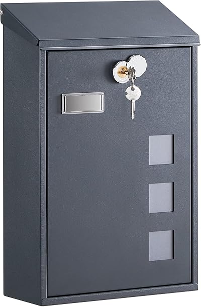SONGMICS Anthracite Grey Wall Mounted Letterbox Mailbox Copper Lock Viewing