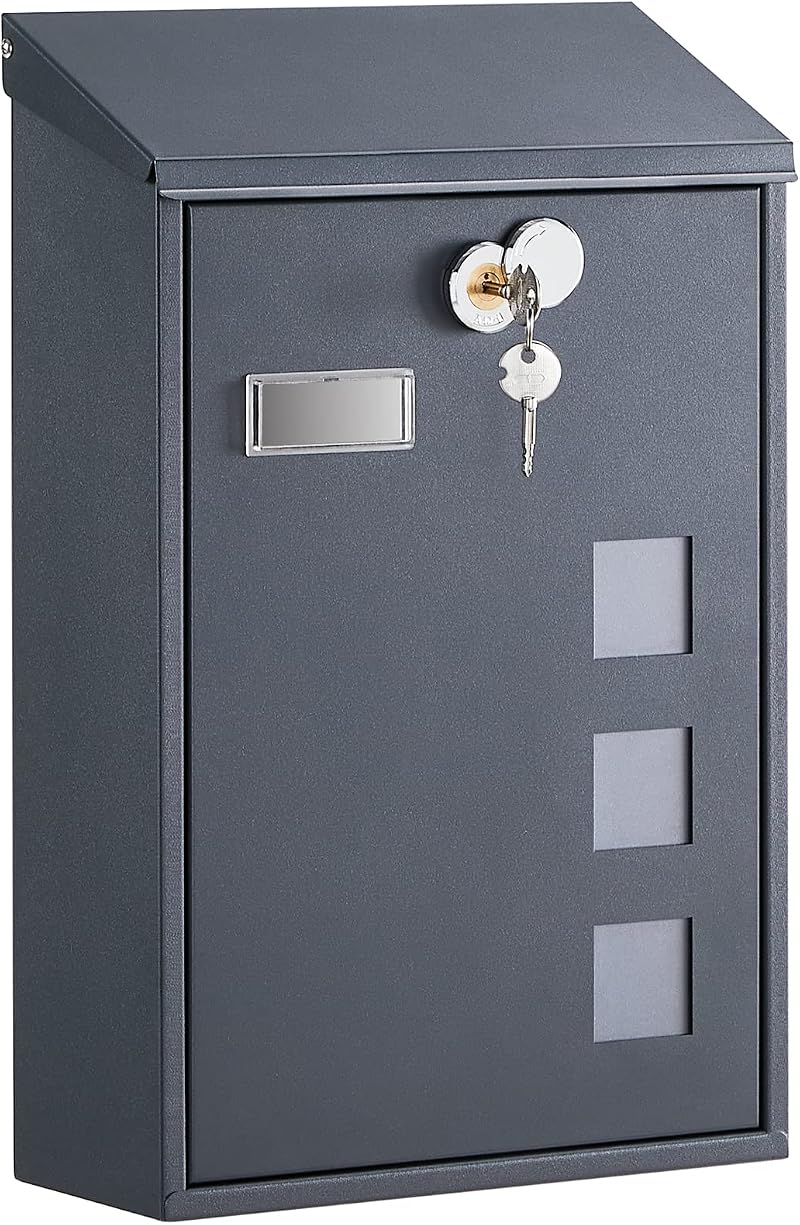 SONGMICS Anthracite Grey Wall Mounted Letterbox Mailbox Copper Lock Viewing
