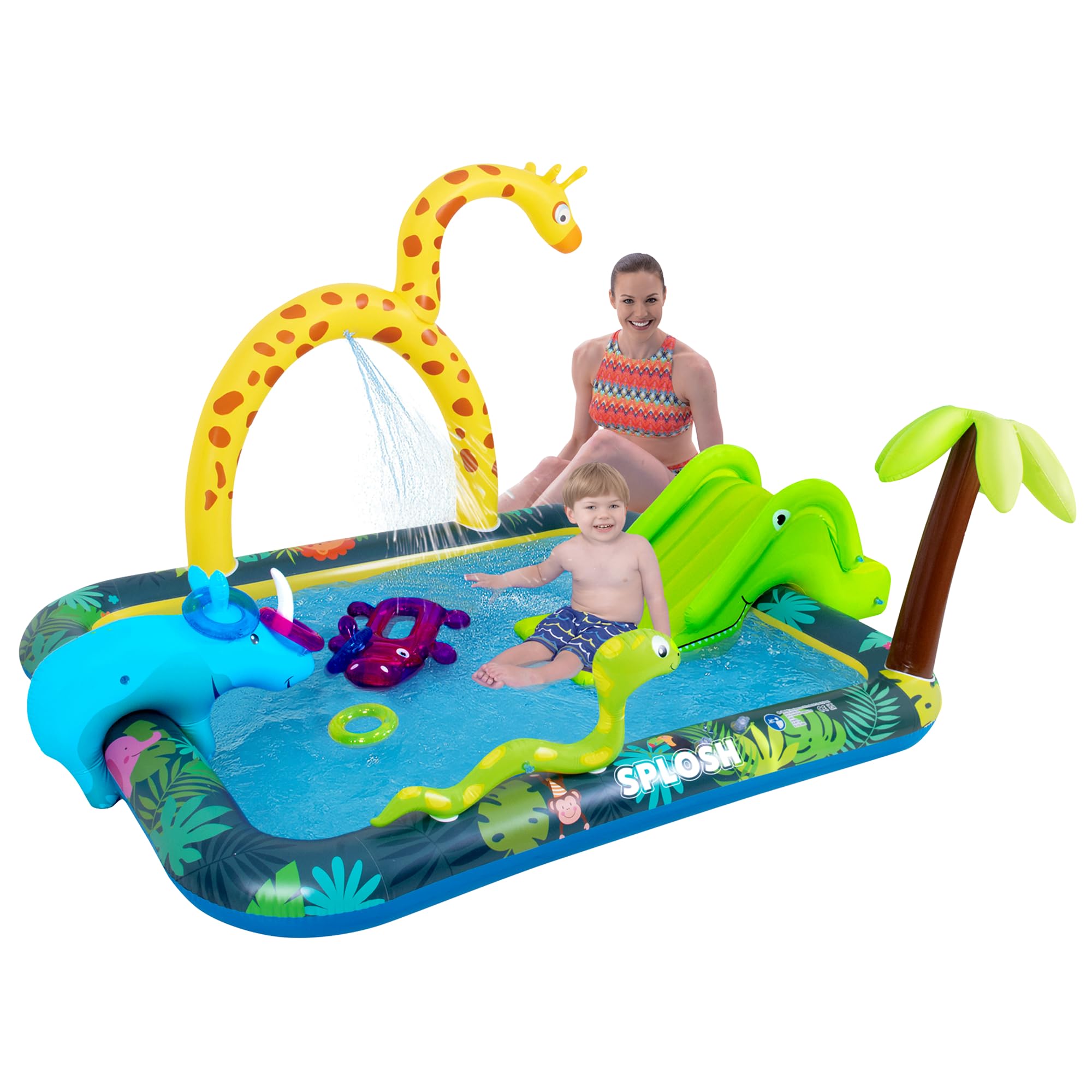 Splosh Jungle Animal Activity Paddling Pool - Fun Spray & Splash Pool With Slide For Kids Age 2-5 - Includes BONUS Inflatable Ring Toss Game - Toddler Swimming Pool - Size 2.6m x 1.9m / 20cm Pool Dept