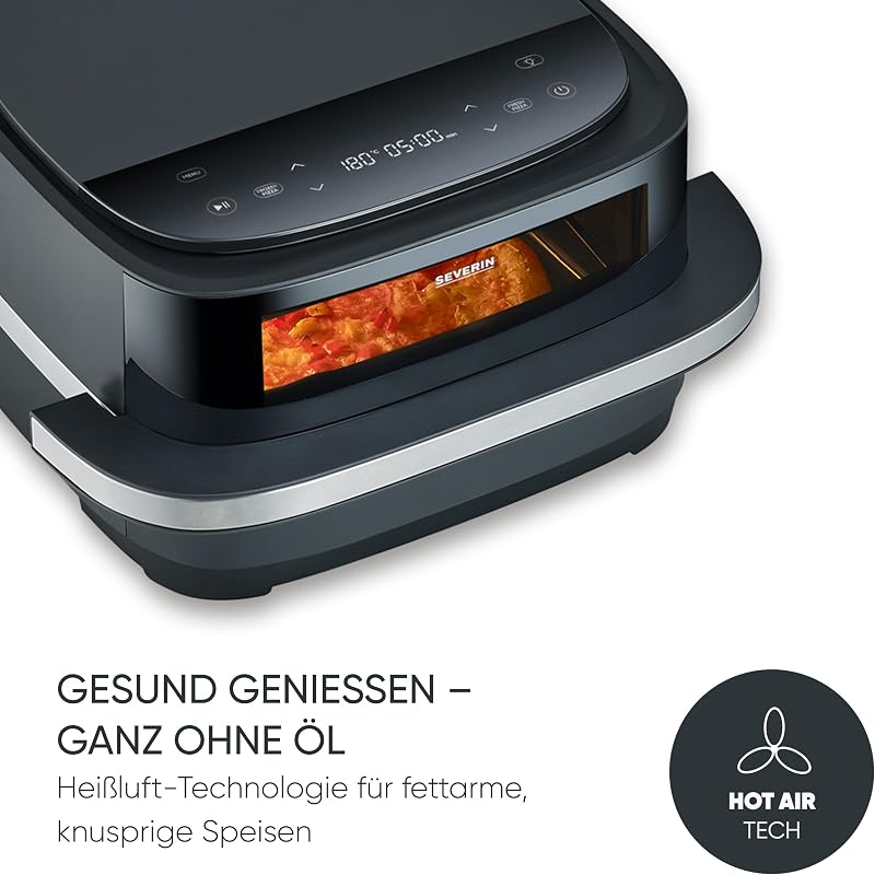 Heißluftfritteuse Pizza & More, Pizzaprogramme, 10 Garprogramme, optimale Wärmeverteilung, extra breite Form, mit Sichtfenster, 4L, 2100W, schwarz, silber, S-Fry, FR 2464