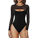 Avidlove Bodysuits for Women Round Neck Shapewear Bodysuit Long Sleeve Bodysuit Sexy Mesh Top Double Lined Cutout Shirt