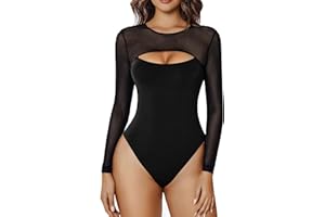 Avidlove Bodysuits for Women Round Neck Shapewear Bodysuit Long Sleeve Bodysuit Sexy Mesh Top Double Lined Cutout Shirt