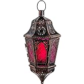 DECORKEY Ramadan Decorations, Lantern Decorative Indoor & Outdoor, 13.6’’ Moroccan Vintage Decorative Hanging Lantern with Chian for Home Porch Patio Decor, Metal Christmas Candle Holders(Rose Red)
