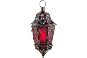 DECORKEY Lantern Decorative Indoor & Outdoor, 13.6’’ Moroccan Style Vintage Decorative Hanging Lantern with Chian for Home Porch Patio Decor, Metal Christmas Halloween Ramadan Candle Holders(Purple)