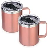 Volhoply 14oz Insulated Stainless Steel Coffee Mug with Lid Bulk 2 Pack,Double Wall Vacuum Travel Coffee Cup with Handle,Reusable Cups Tumbler,Camping Mugs Keep Hot,Ideal Gifts(Rose Gold,2)