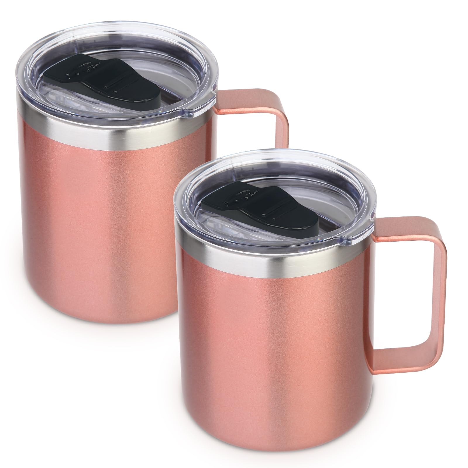 Volhoply 14oz Insulated Stainless Steel Coffee Mug with Lid Bulk 2 Pack,Double Wall Vacuum Travel Coffee Cup with Handle,Reusable Metal Tumbler,Camping Mugs Keep Hot,Christmas Gifts(Rose Gold,2)