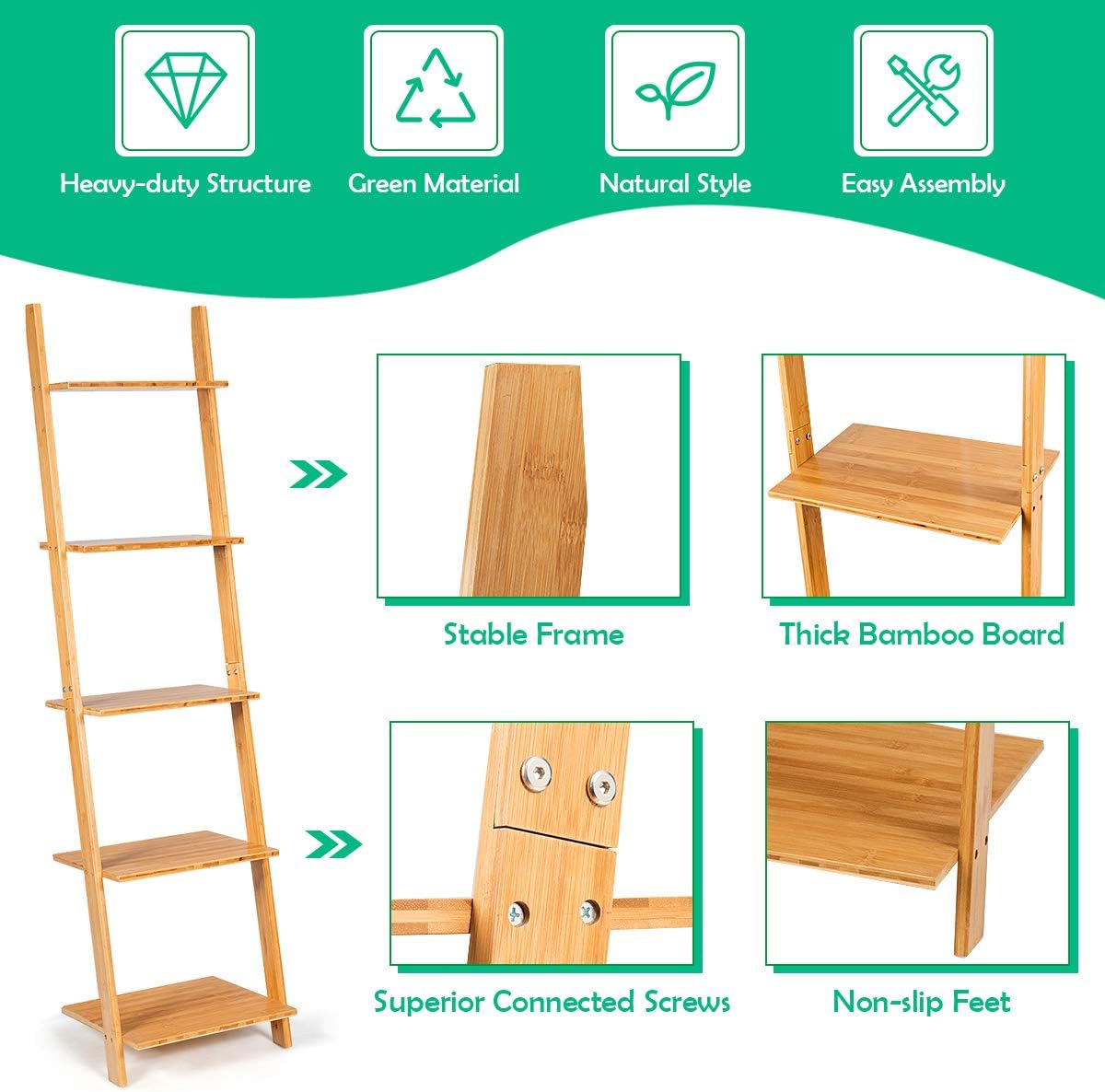 Tangkula 5-Tier Ladder Shelf Bookshelf, Natural Bamboo Wall-Leaning Bookshelf, Plant Flower Stand, Storage Display Shelves for Living Room Bathroom Office, Multifunctional Ladder Bookcase (Natural): Kitchen & Dining