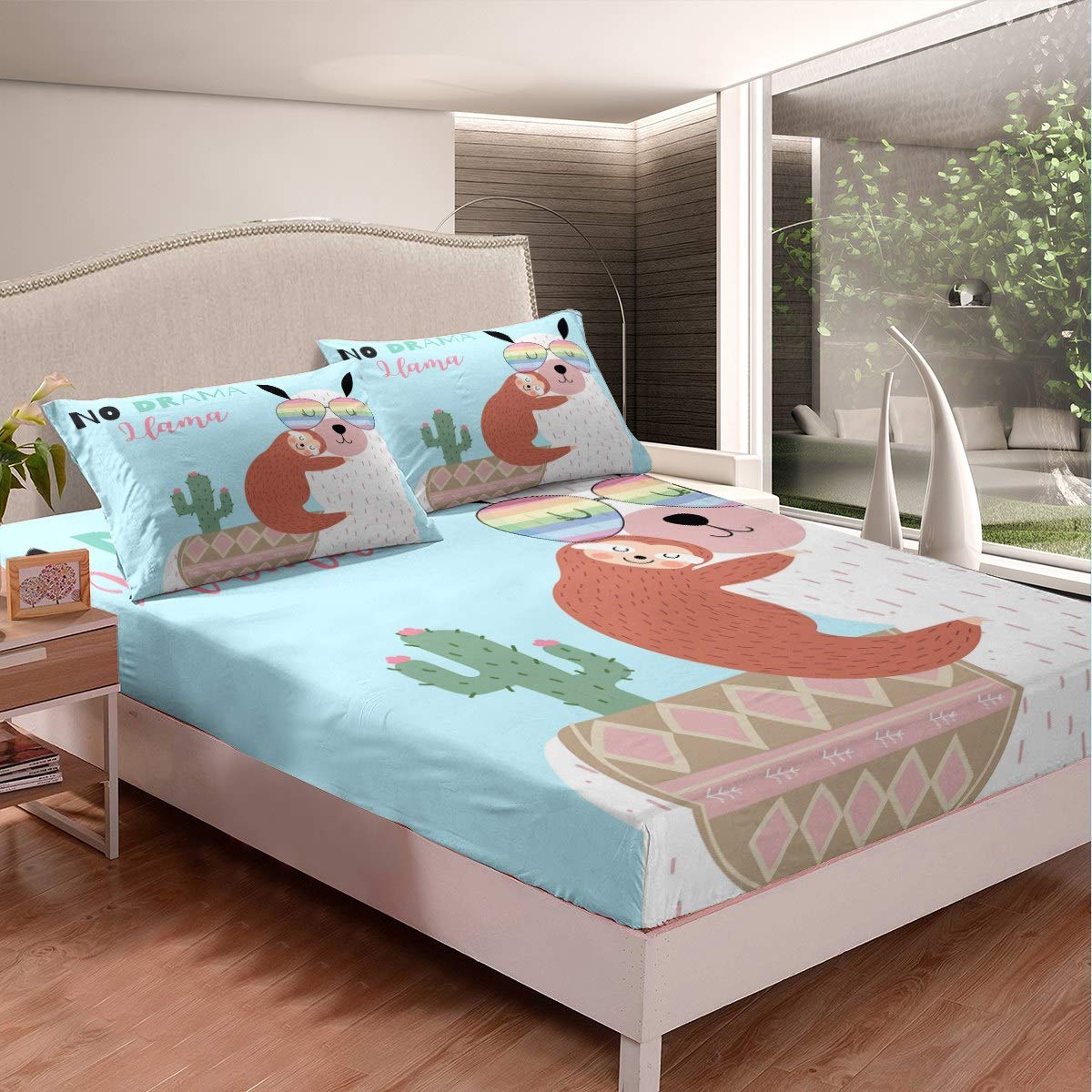 Children Bedding Set Set Cute Llama Sloth Cactus Bed Sheets for Kids Boys Girls Cartoon Llama Alpaca Bed Sheet Set Animals Print Fitted Sheet Bedroom Collection 3Pcs Double Size