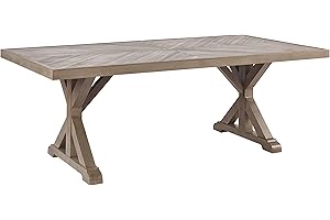 Signature Design by Ashley Beachcroft Modern Farmhouse Outdoor Rectangular Dining Table with Porcelain Table Top, Seats 6 to 8, Umbrella Hole with Cap, Beige
