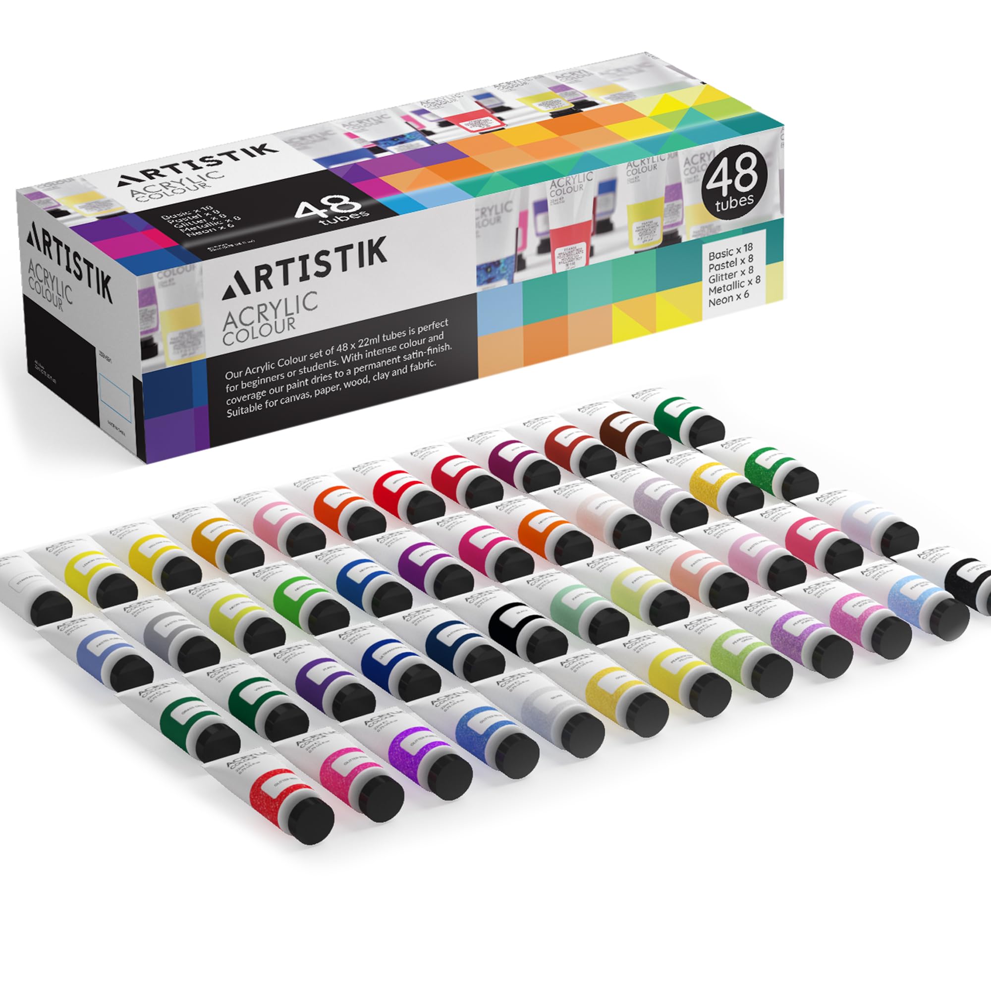 ARTISTIK Acrylic Paint Set with 48 Opaque & Vibrant Colors for Beginners & Students – 22ml Tubes of Artist-Quality Acrylic Paints for Painting on Different Surfaces