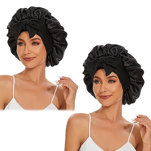 Satin Silk Bonnet Hair Bonnet for Sleeping Jumbo Sleep Cap, Black