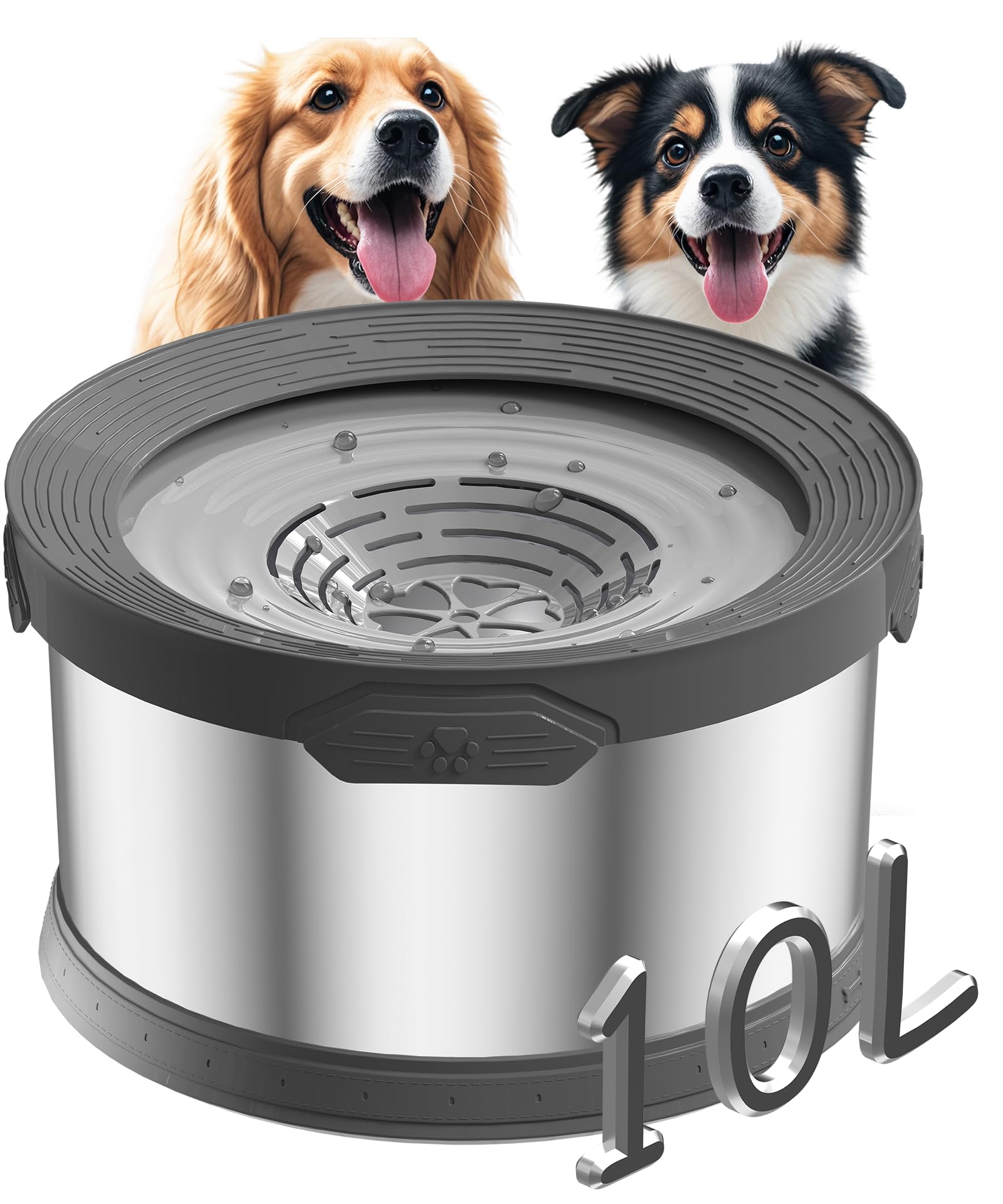 Photo 1 of 10L Dog Water Bowl No Spill 2.6 Gallon Super Large Capacity Stainless Steel No Splash Dog Bowls 338oz Slow Drinking Feeder with Non-Slip Base Pet Water Dispenser for Dogs