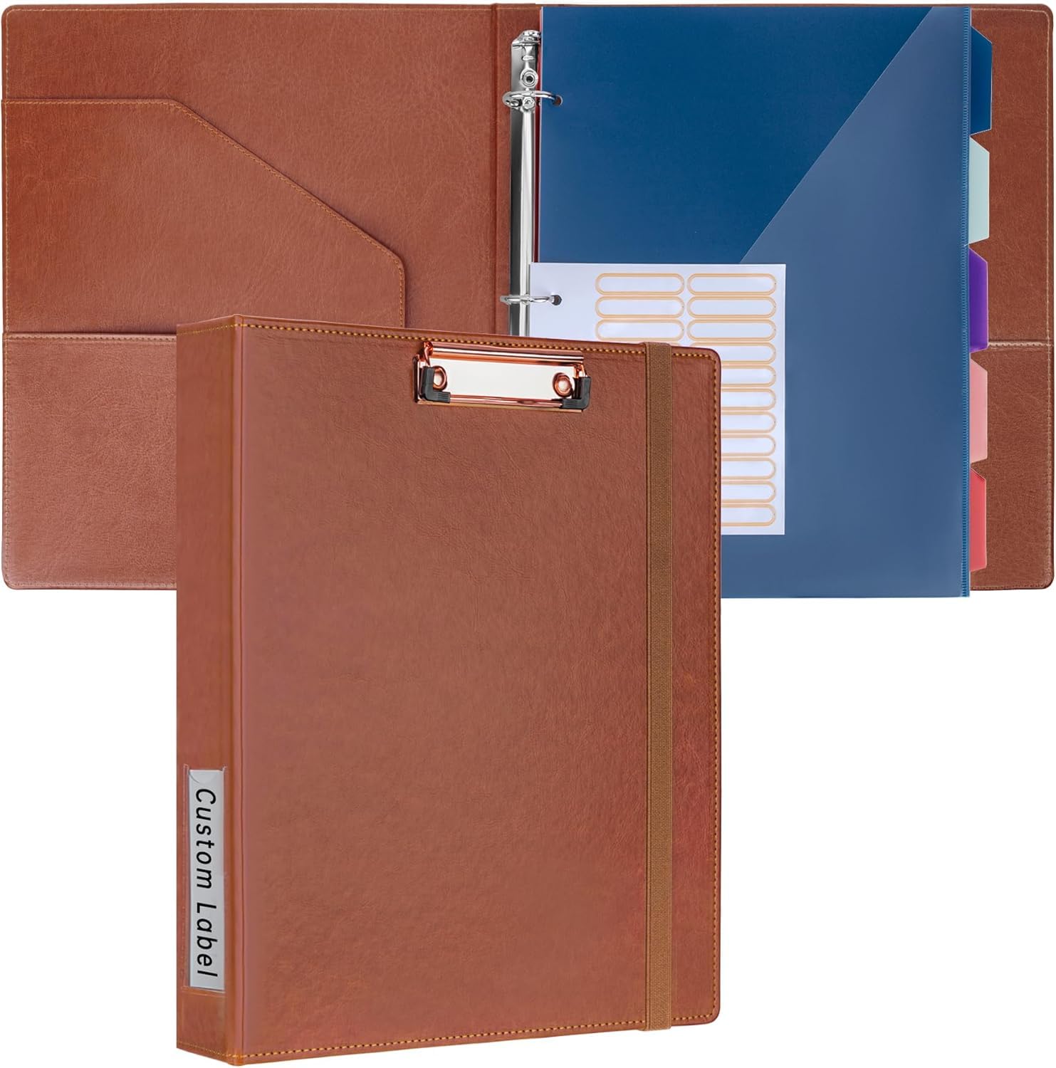 HAUTOCO PU Leather Clipboard Folder, 3 Ring Binder with Clipboard for Paperwork A4 Document, Folders Ring Binder 3 Ring with 5 Dividers 10 Pockets, File Folder Organiser for Office School, Dark Brown