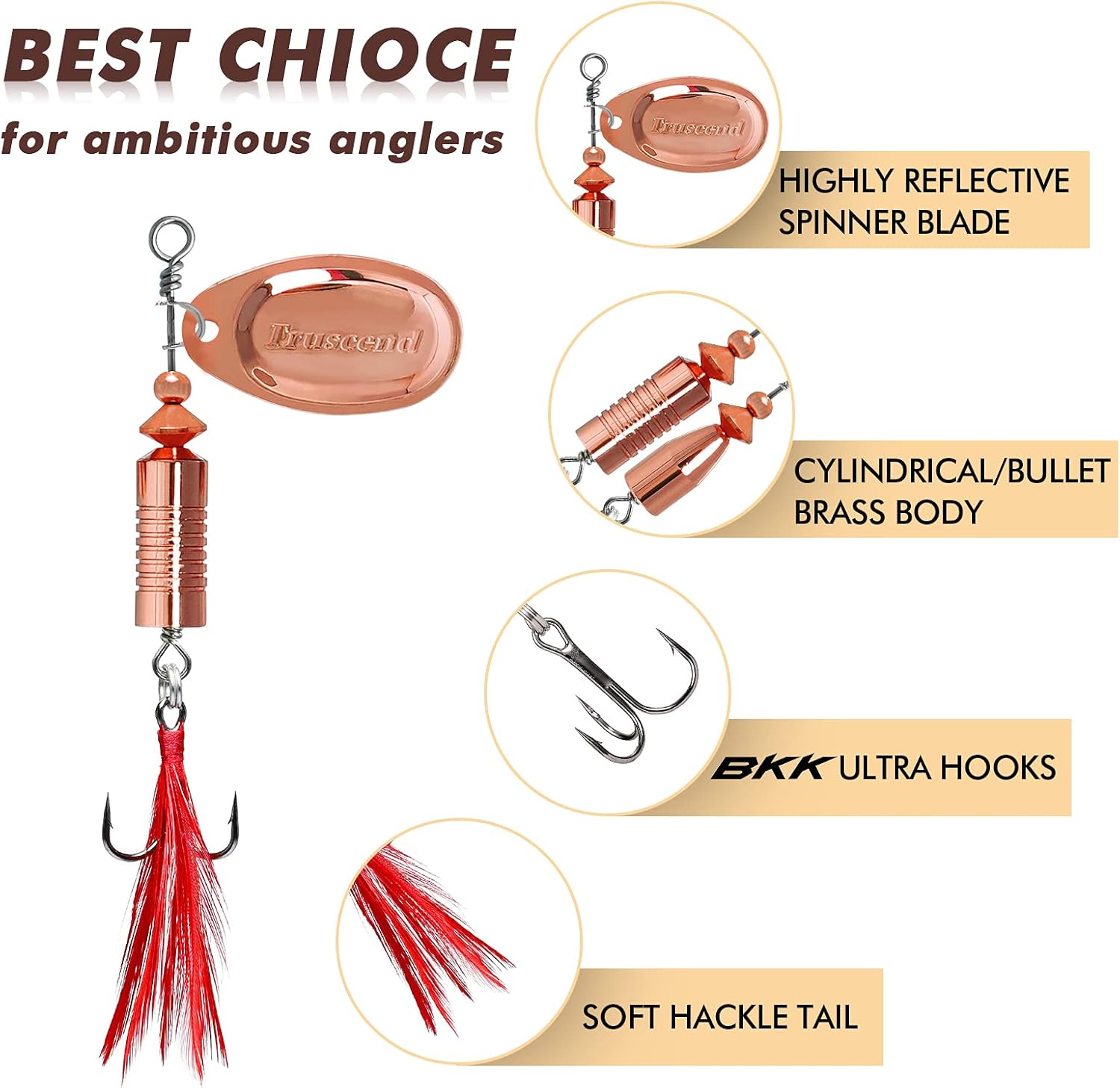 TRUSCEND Fishing Lures Spinnerbait with Rooster Tail in-Line Brass Body Spinner Baits Kit for Bass Trout Salmon Walleye Hard Metal Swimbaits for Freshwater & Saltwater Fishing Gear Gifts for Men : Sports & Outdoors