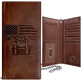 Tall Wallet with Chain for Men, Patriotic Biker – Distressed Brown Leather, RFID Blocking, 10 Card Slots with ID Holder, Embossed Motorcycle & American Flag Design, 100% Leather, Ideal Gift for Bikers
