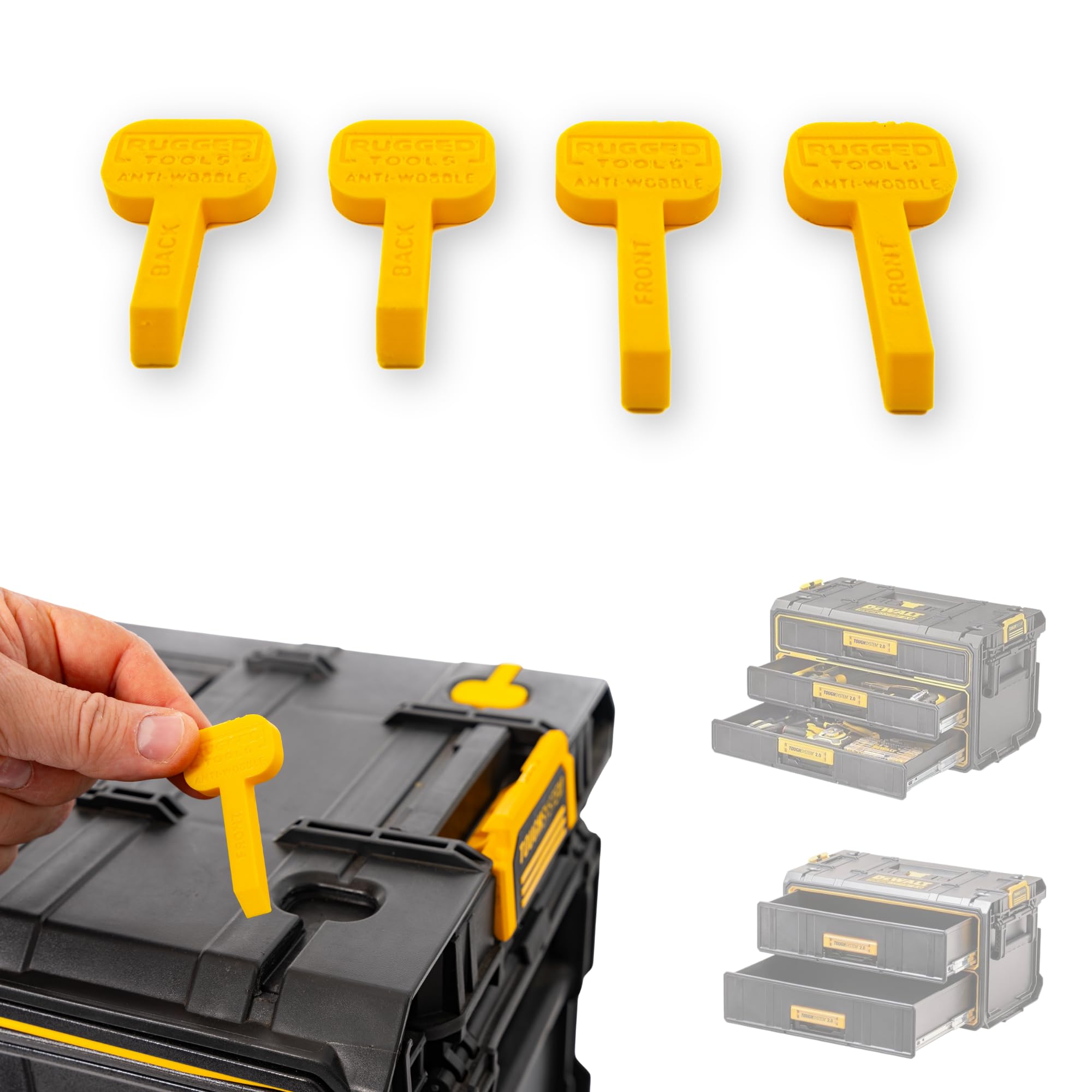 Rugged Tools Anti-Wobble Stabilising Push-in Inserts compatible with Dewalt Tough System 2.0 Drawer Tool Boxes (YELLOW, 2 PACK)