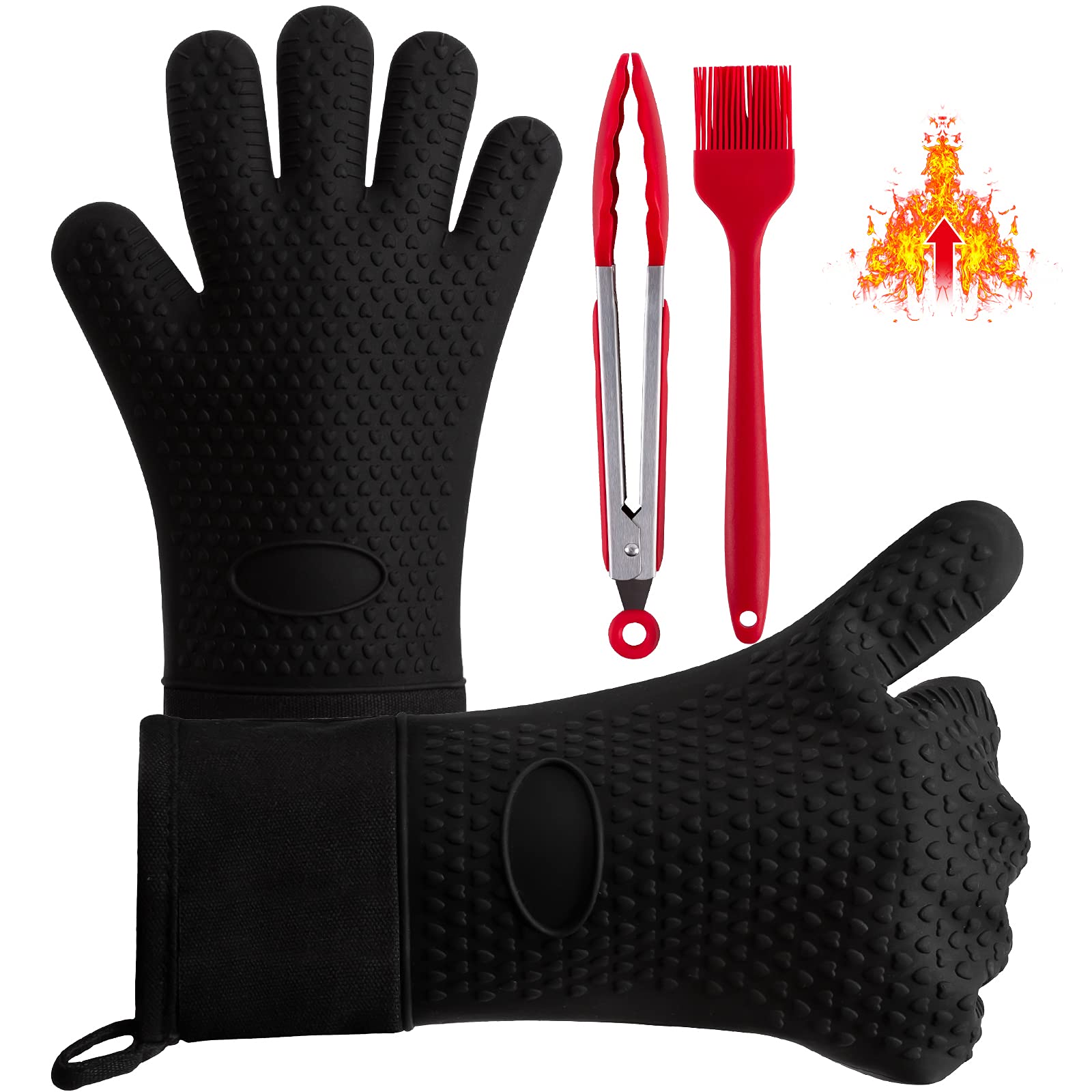 Boxalls Grilling Gloves Kit, Heat Resistant Silicone Oven Gloves with Grill Tong & Brush, BBQ Silicone Gloves Set for Grilling, Cooking, Baking and Kitchen (Black)