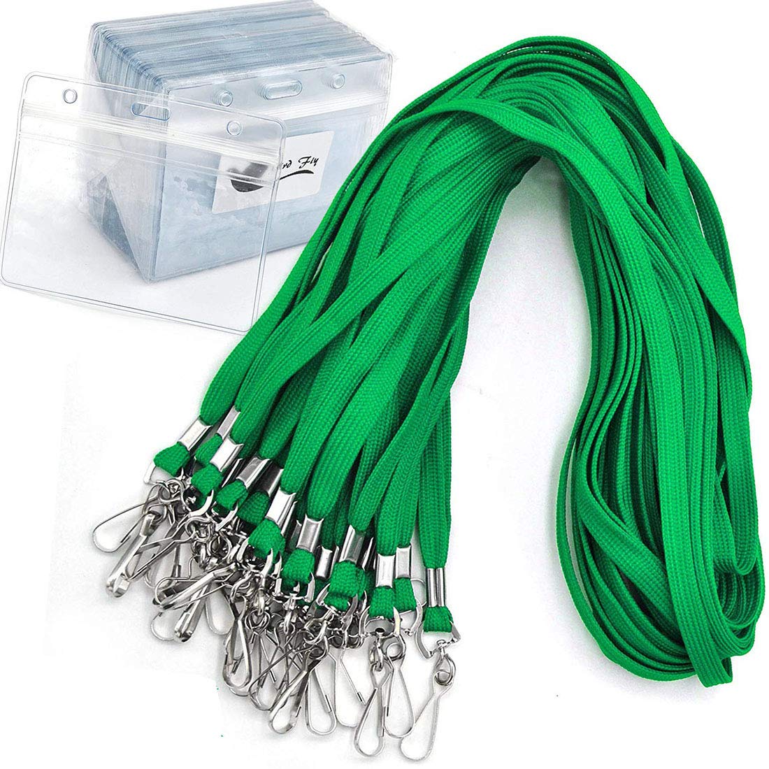 Name Tags Green Lanyards/Badge Holder Pairs Woven Round Lanyard & Horizontal Sealable Waterproof Clear Plastic ID Card Lanyards with id Holder Name Badges (Green, 50 Pack)