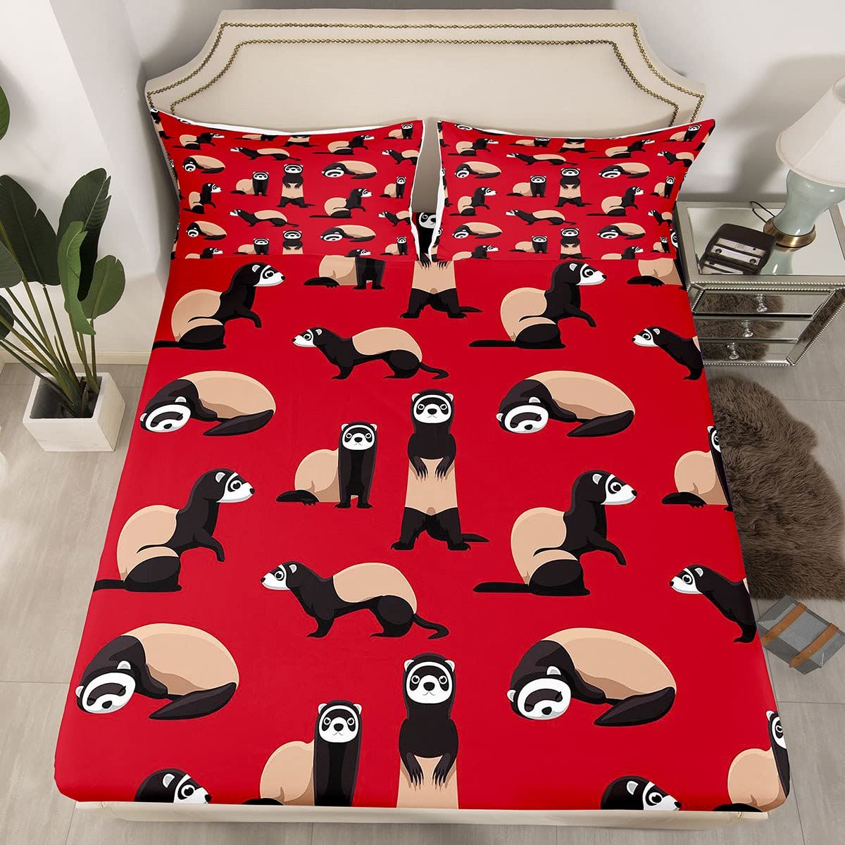 Loussiesd Ferret Bed Sheet Set Cute Ferret Animal Bedding Sheets for Kids Boys Girls Pet Design Bedding Fitted Sheet Lovely Animals Red Bed Cover 2Pcs Single Size