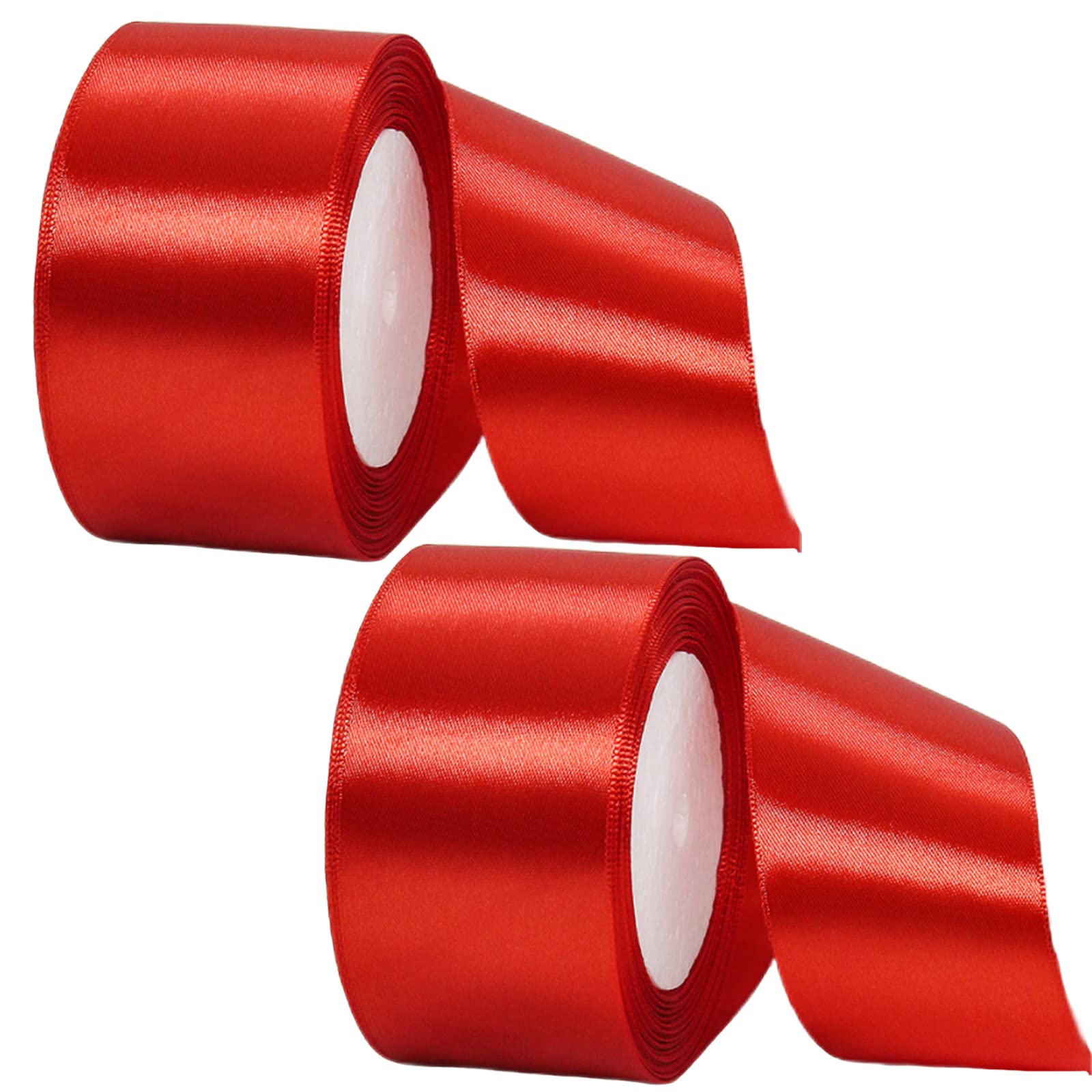 2 Rolls Thick Red Satin Ribbon 50mm x 22M for Gift Wrapping, Double Sided Wide for Crafting, Cake, Hair Bow, Bouquets, Christmas Decoration, Wedding Car