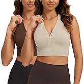 ODODOS 2-Pack Seamless Henley Crop for Women Open Back Ribbed Tank Button-up Cropped Top