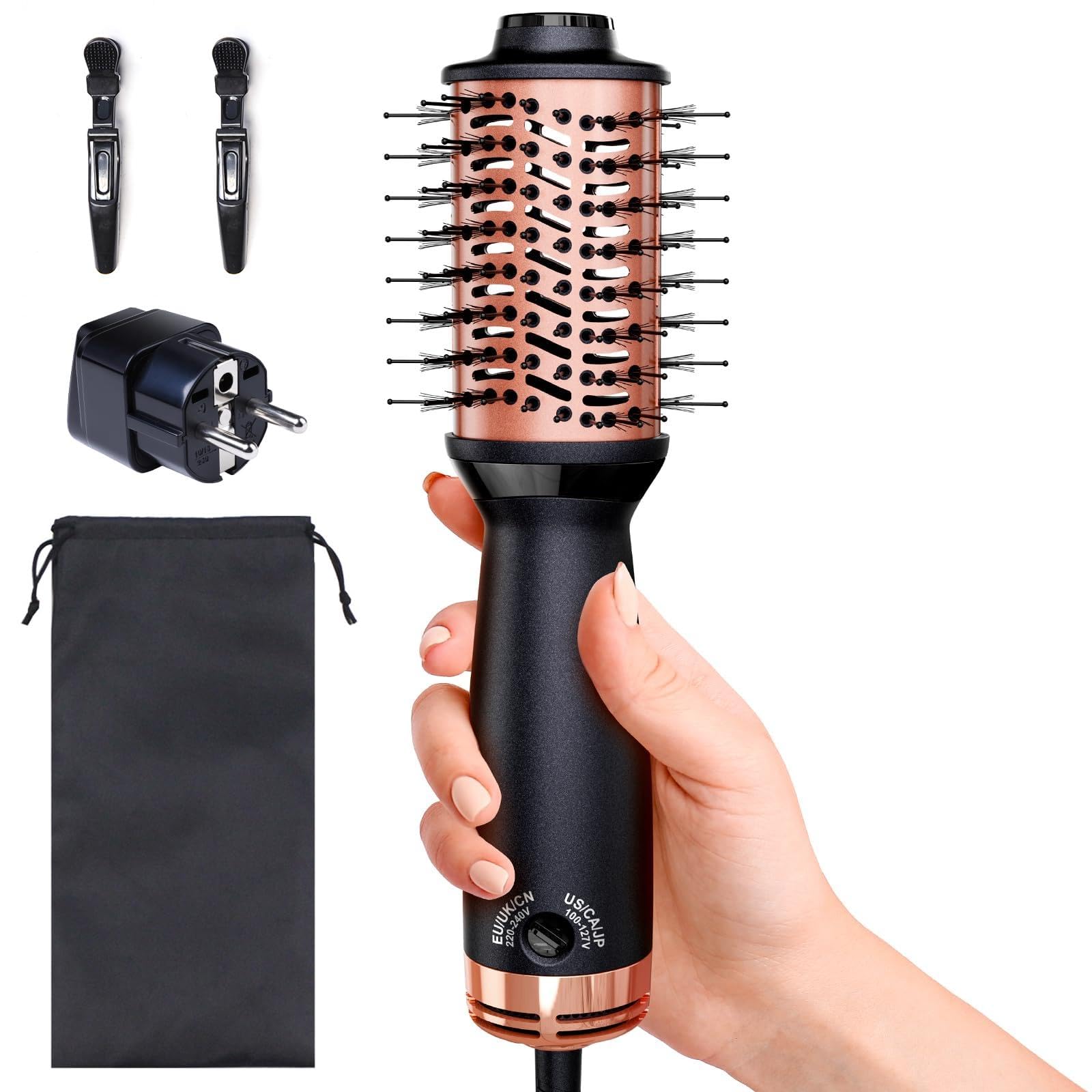 Photo 1 of Desalo Small Dual Voltage Hair Dryer Brush (110-220V), Compact Light-Weight European Travel Blow Dryer Brush for Volume, Smoothness & Curls On The Go, One Step Travel Hair Tools, Incl. Pouch & EU Plug