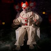 Halloween Animatronic Sitting Clown, Halloween Animated Decorations with Sound Activated, Creepy Sound, Light Up Eyes, Scary Move, Haunted House Holiday Spooky Decor Horror Prop, for Indoor Outdoor