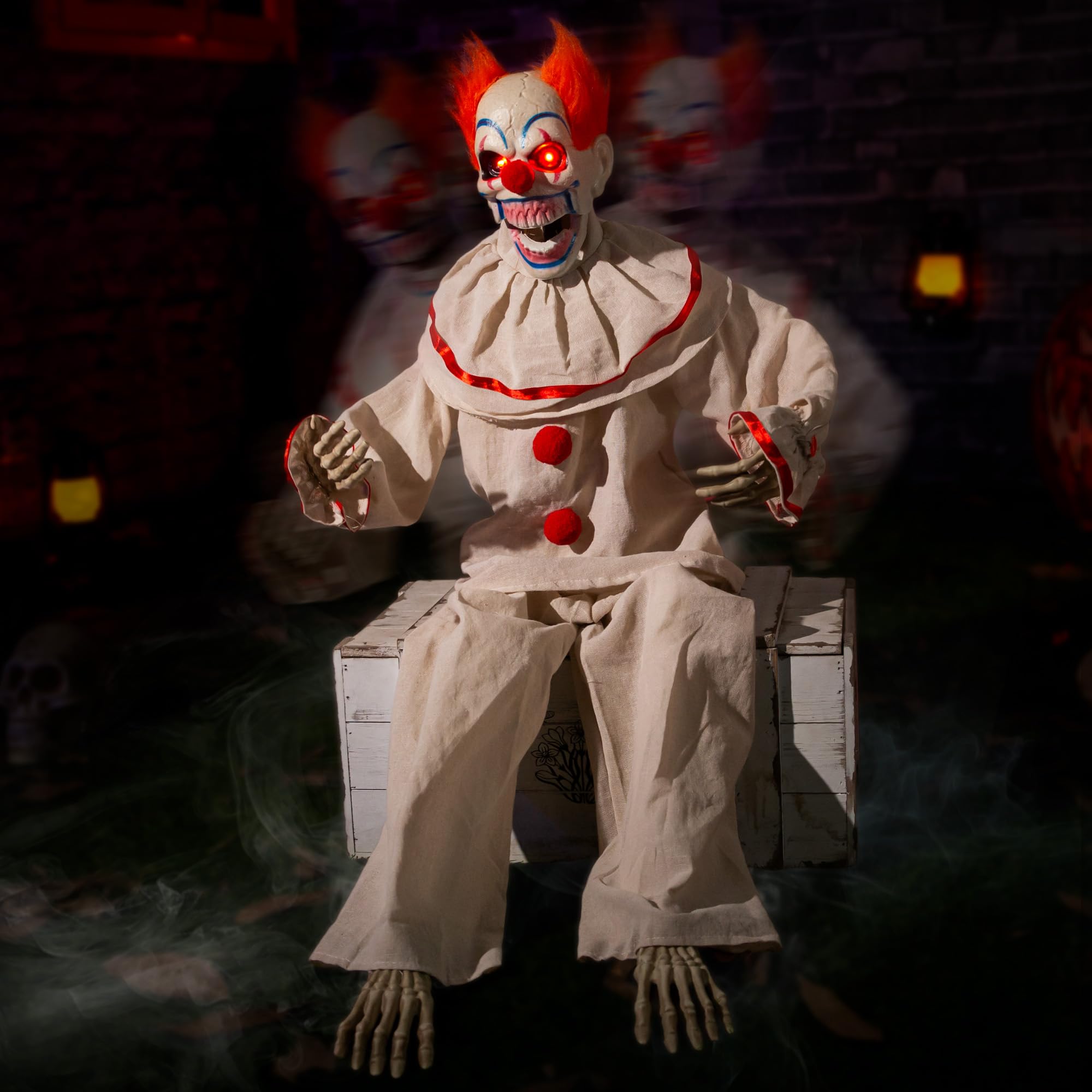Photo 1 of Halloween Animatronic Sitting Clown, Halloween Animated Decorations with Sound Activated, Creepy Sound, Light Up Eyes, Scary Move, Haunted House Holiday Spooky Decor Horror Prop, for Indoor Outdoor