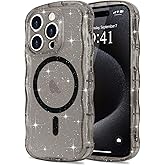 Pepmune Magnetic for iPhone 15 Pro Max Case Clear, Sparkly Bling Glitter Cute Curly Wave Cover for Women Men Compatible with MagSafe TPU Shockproof Protective Phone Case for iPhone 15 Pro Max, Black