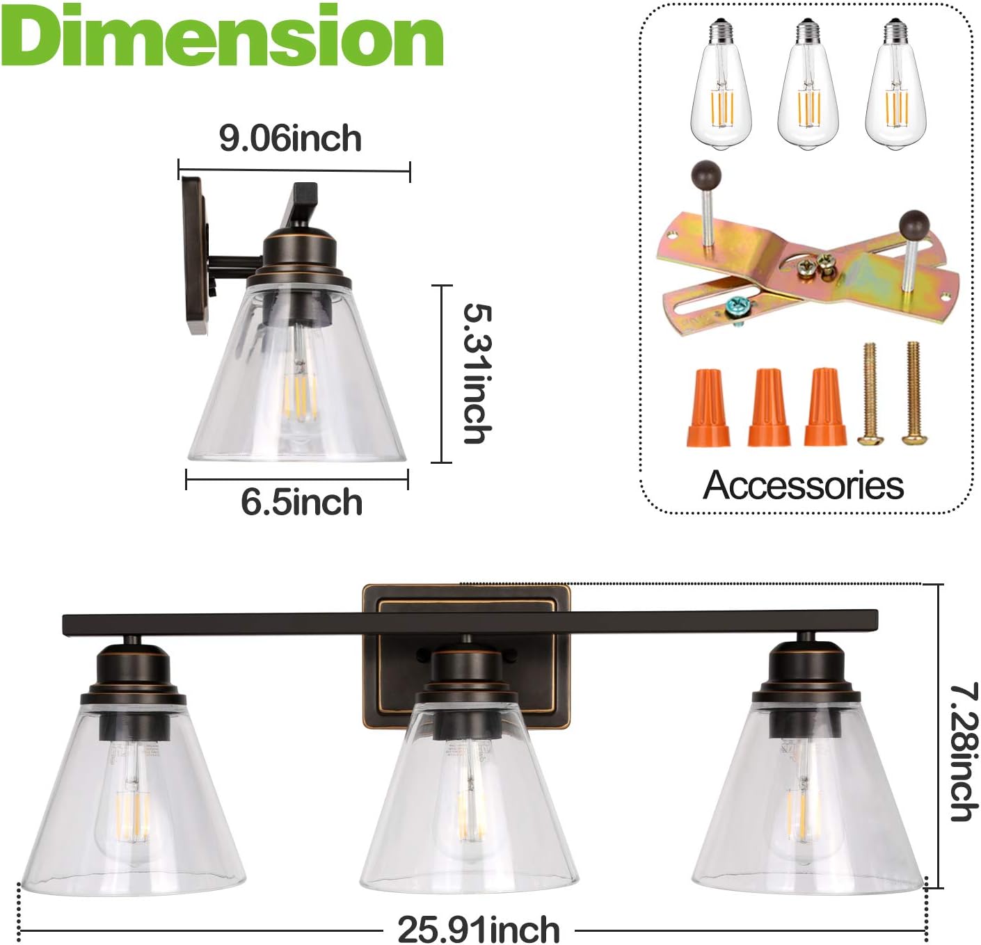 3-Light Bathroom Light, Led Edison Bulbs Included, Oil Rubbed Bronze Vanity Light Fixtures, Bathroom Wall Sconce Lighting with Clear Glass Shades, ETL Listed - - 