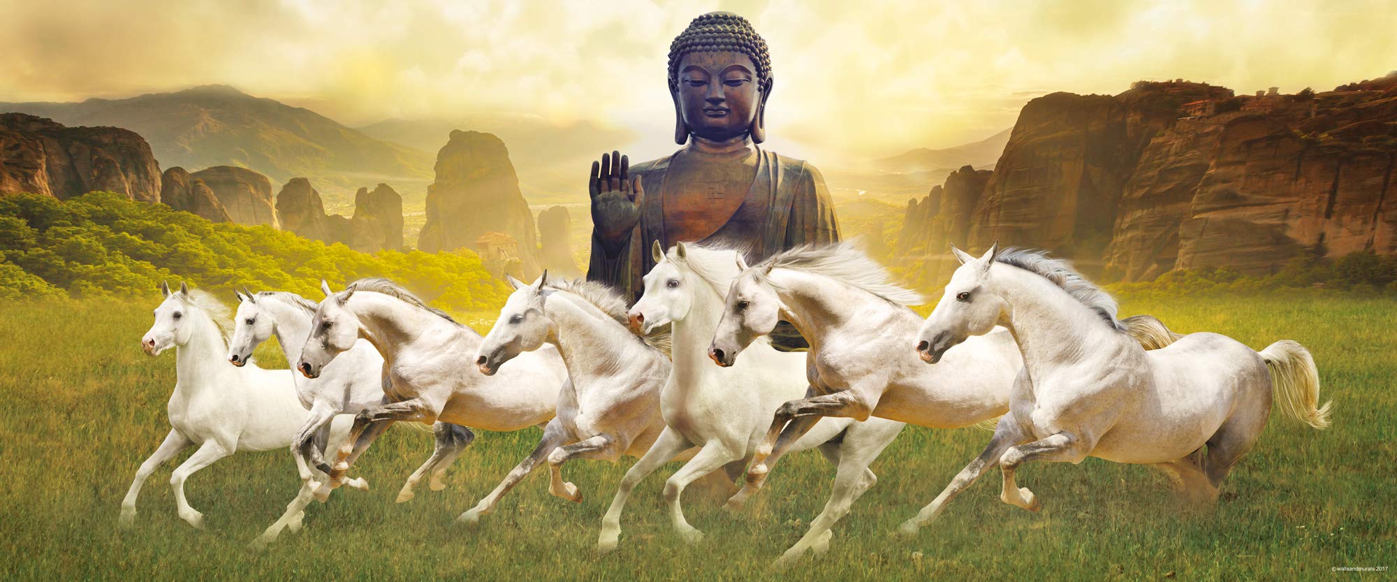 Vaastu Paintings for Home - Green Color 7 Running Horses Vastu Wall Sticker (Large), 20" X 48"