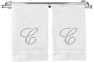 BC BARE COTTON Monogrammed Hand Towel, Personalized Gift, 16 x 30 Inches - Set of 2 - Silver Embroidered Towel - Extra Absorbent 100% Turkish Cotton- Soft Terry Finish - For Bathroom, Kitchen and Spa- Script C White