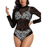 EHSUYAB Women's Sexy Lace Bodysuit, Sheer Long Sleeve Snap Crotch Floral Top Music Festival, Mock Turtleneck Going Out Outfit