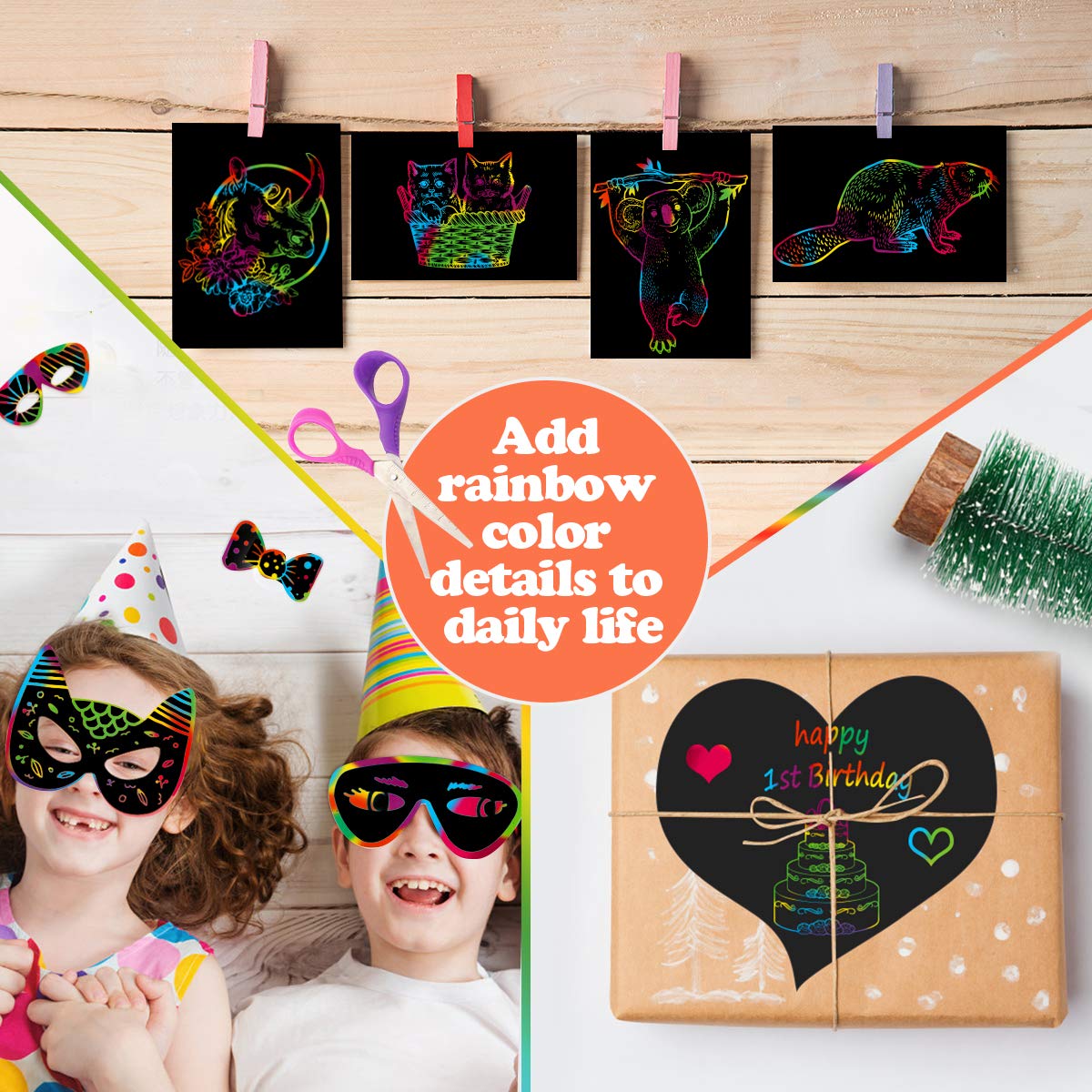Mocoosy 3 Pack Rainbow Scratch Art Paper Notebooks, Spiral Bound Magic Scratch Book for Kids Arts Crafts Supplies, Black Scratch Note Sketch Pads Artist Drawing Activity Gifts for Boys Girls Ages 3-12
