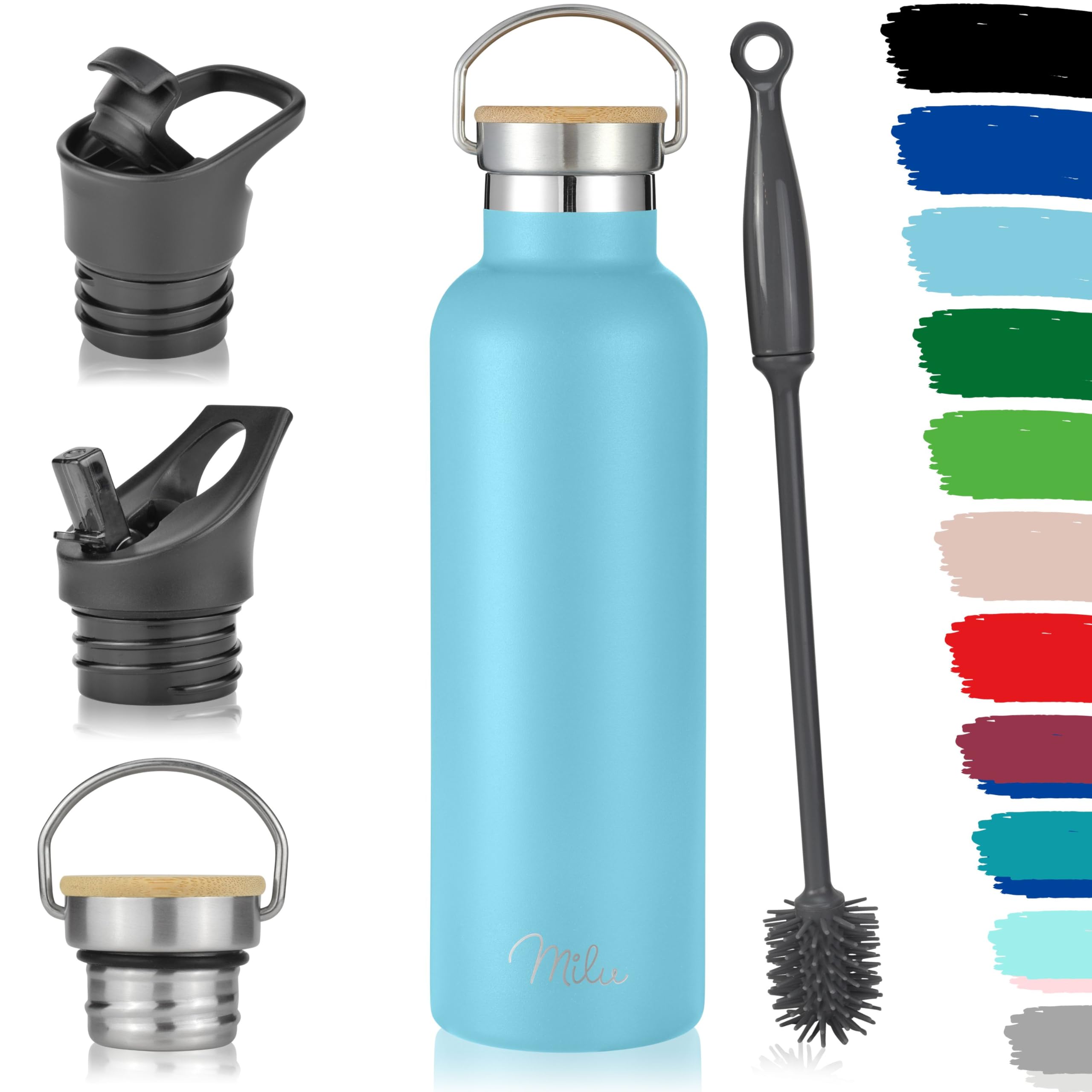 Milu Stainless Steel Drinking Bottle 350ml, 500ml, 750ml, 1l (+3 Lids) - Thermo Bottle with Straw, Water Bottle, for Hot, Cold & Carbonated Drinks (Sky Blue, 750ml)