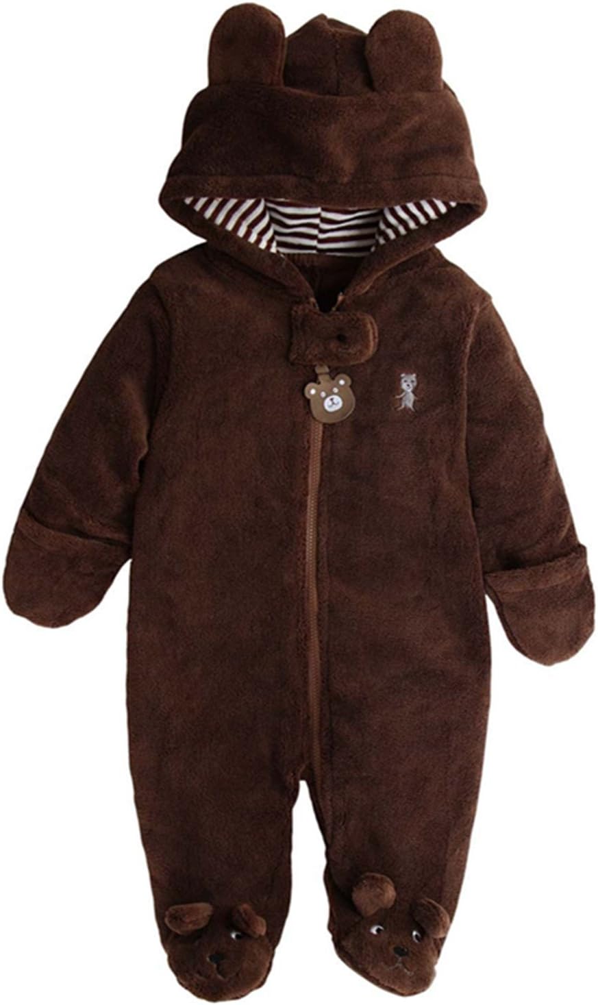 Newborn Baby Boys Girls 3D Cartoon Bear Hooded Romper Warm Fleece Jumpsuit Outfits