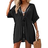 Zeregos Women Swimsuit Cover Up 3/4 Bell Sleeve Boho Bathing Suit Coverups Hollow Out Kimonos Cardigans for Swimwear