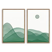 SIGNWIN Framed Canvas Print Wall Art Monochromatic Green Mountains with Sun Landscape Wilderness Illustrations Abstract Modern for Living Room, Bedroom, Office - 16