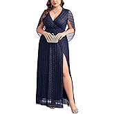 CYCLAMEN Plus Size Sparkly Formal Dress Cape Sleeve V Neck A Line Side Split Maxi Evening Gown Wedding Guest Prom Dresses