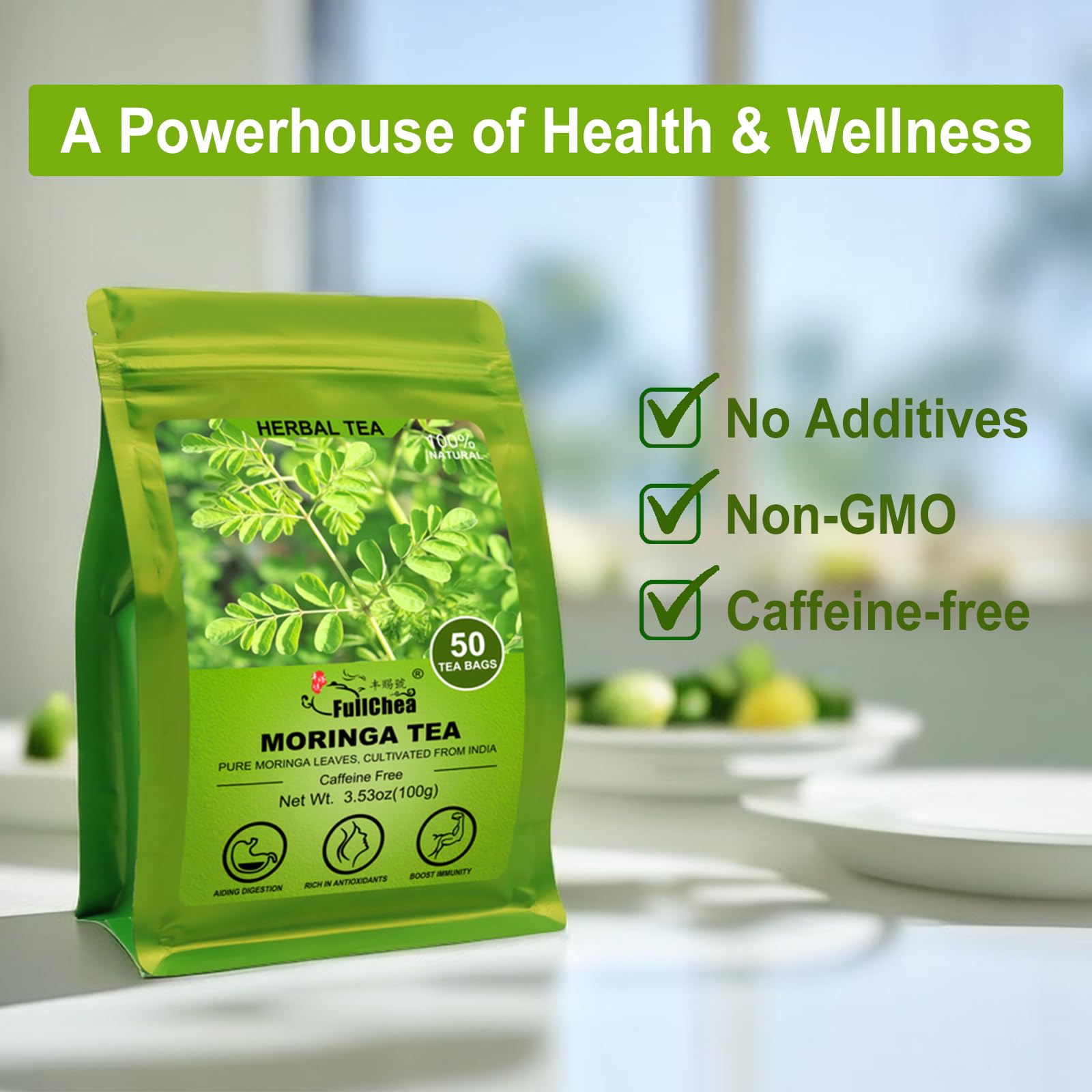 FullChea - Moringa Tea, 50 Teabags - Pure & Natural Moringa Leaves, Cultivated From India - Herbal Tea for Supporting Digestion & Immune System - Non-GMO - Caffeine-free