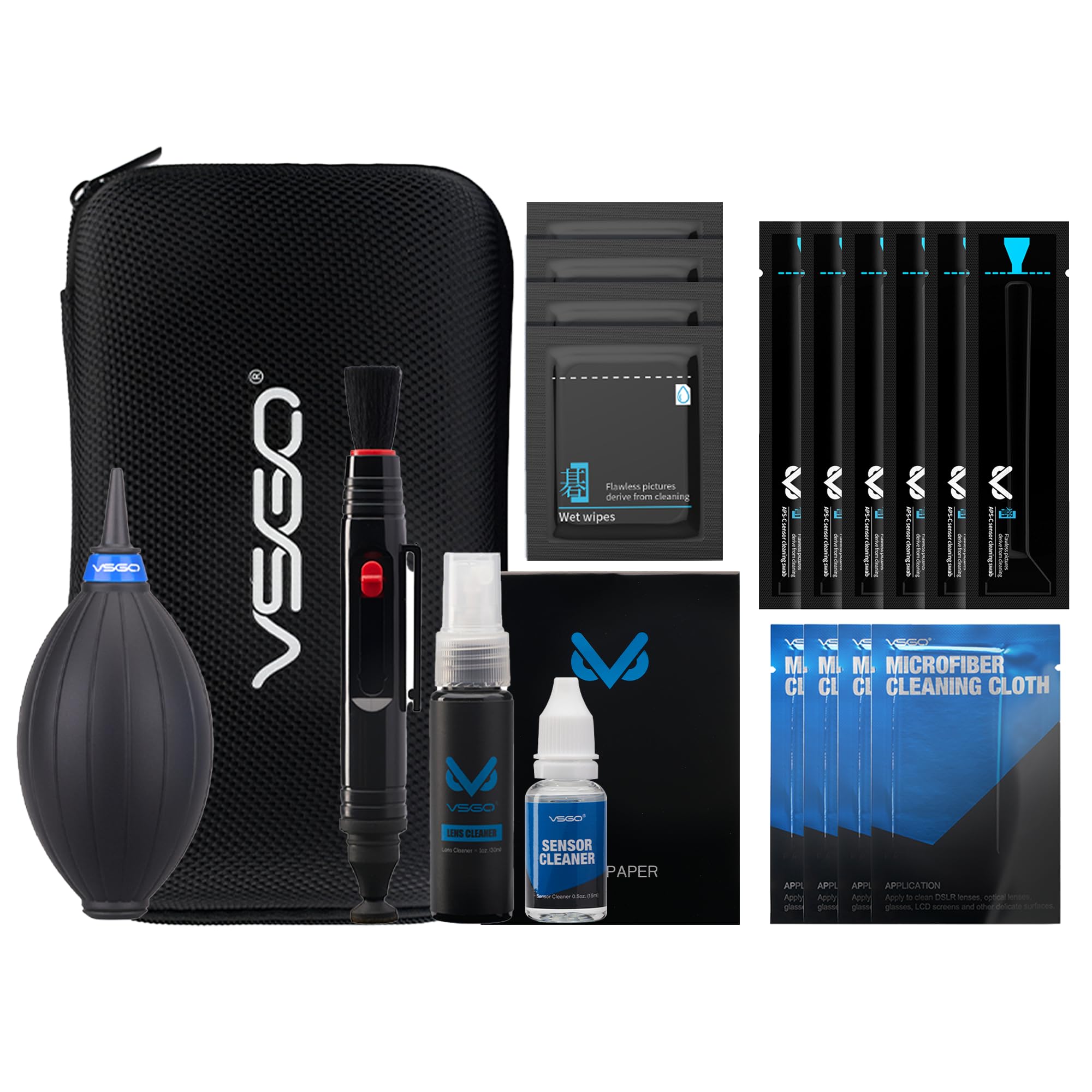 VSGO DKL-20 Professional Cameras Cleaning Kit with APS-C Sensor Cleaning Swabs Lens Cleaning Pen Air Blower Compatible for Canon, Nikon, Pentax, Sony Lens DSLR Cameras(20-in-1 Kit with APS-C swabs)