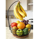 Sevenblue 360&deg; Rotating Fruit Bowl for Kitchen Counter with Banana Holder | Stable Metal Basket with Wooden Lazy Susan Base, Upgraded Banana Hanger Prevents Bruising, Ideal for Fruits, Bananas &amp; Snacks