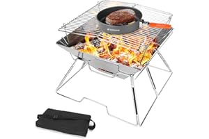 Odoland Collapsible Campfire Grill Camping Fire Pit, 304 Stainless Steel Grill Gate, Portable Camping Grill with Carrying Bag