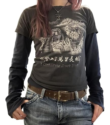 MLAFE Goth Long Sleeve Top Y2K Thorn Cross Print T-shirt Large