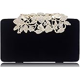 MagicLove Womens Evening Bag with Rhinestone Crystal Flower Closure Velvet Clutch Purse for Wedding Party Black