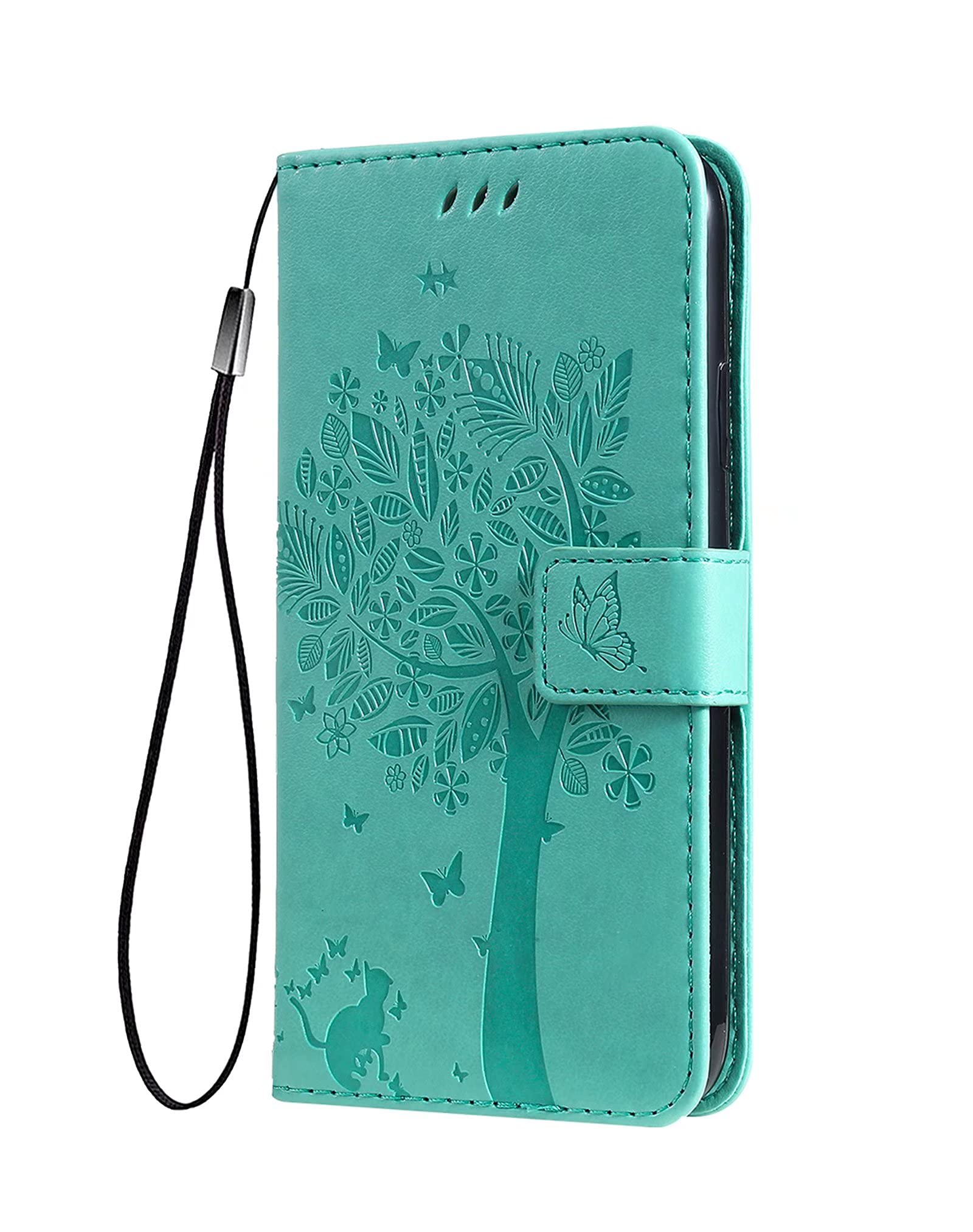 SEAHAI Case for OPPO Reno 10 5G / OPPO Reno 10 Pro 5G Wallet Case, Pretty Embossed Leaves and Cat Pattern Premium PU Leather Book Style Flip Cover Shockproof Case, Green
