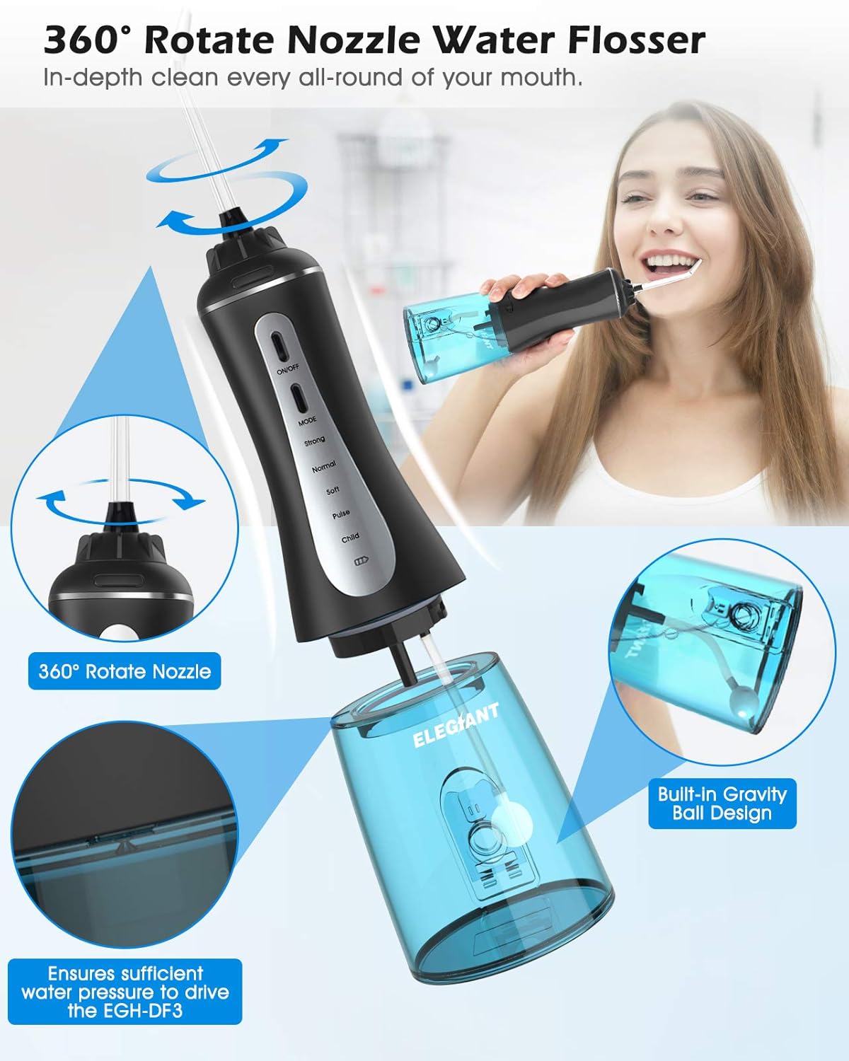 ELEGIANT Water Flosser for Teeth, 5 Modes Cordless Dental Oral Irrigator Rechargeable with 350ML Cleanable Water Tank, IPX7 Waterproof, Teeth Cleaner for Home, Travel, Braces and Bridges Care: Beauty